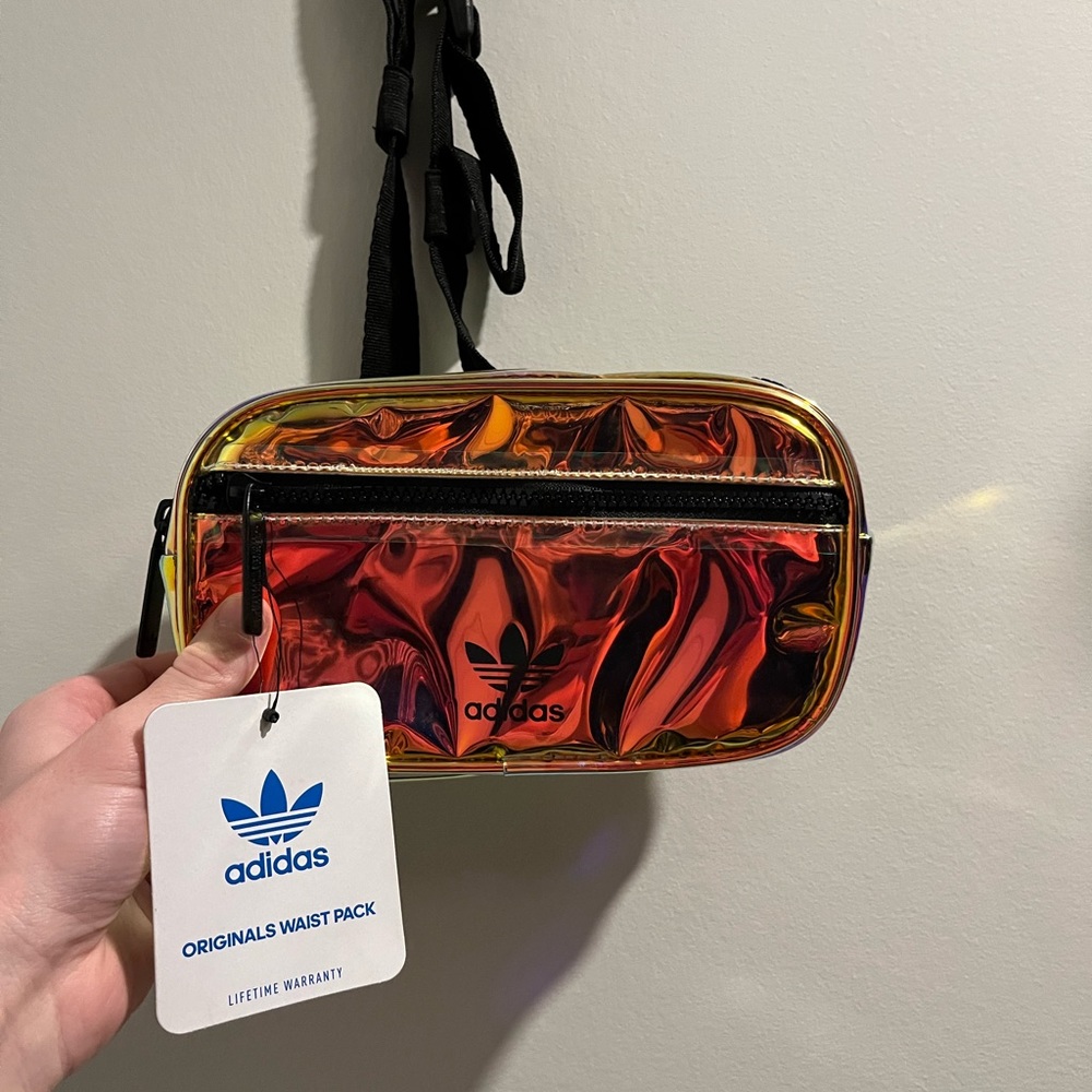 New with tags, translucent/holographic Adidas bag